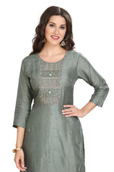 Olive Green Silk Kurta Set with Neck Embroidery and Banarasi Dupatta